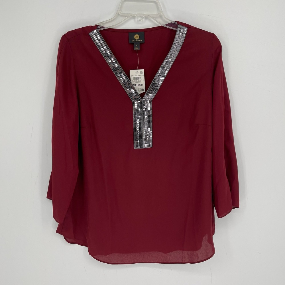 JM Collection NWT Women's Dark Rust Sequin Trim 3/4 Sleeve V-Neck Blouse Size M